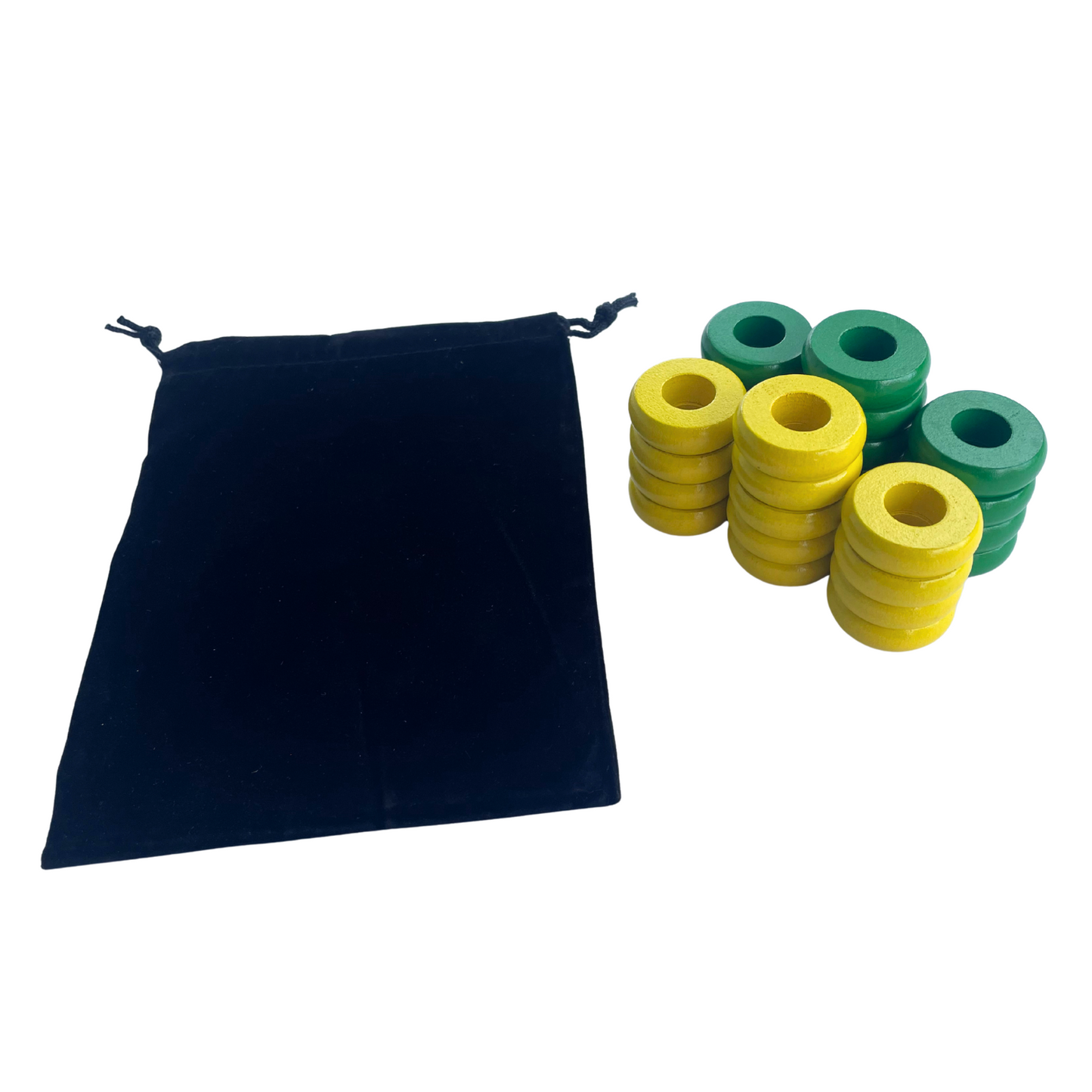 32 Green and Yellow Carrom / Pichenotte / Croquignole Rings - (Green / Yellow / Natural / Black / White) - Anneaux De Pichenottes - Game Accessories / Accessoires De Jeu