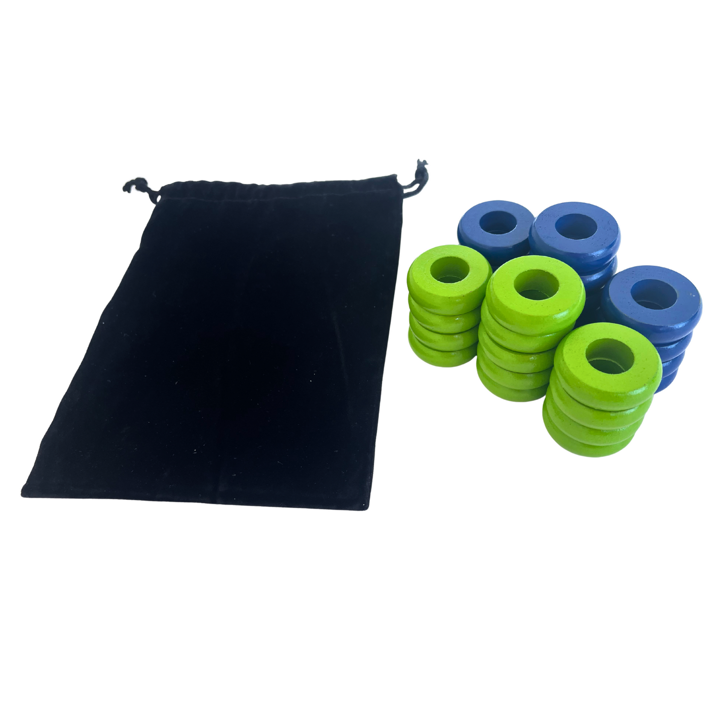 32 Blue and Lime Green Carrom / Pichenotte / Croquignole Rings - (Blue / Lime Green / Natural / Black / White) - Anneaux De Pichenottes - Game Accessories / Accessoires De Jeu