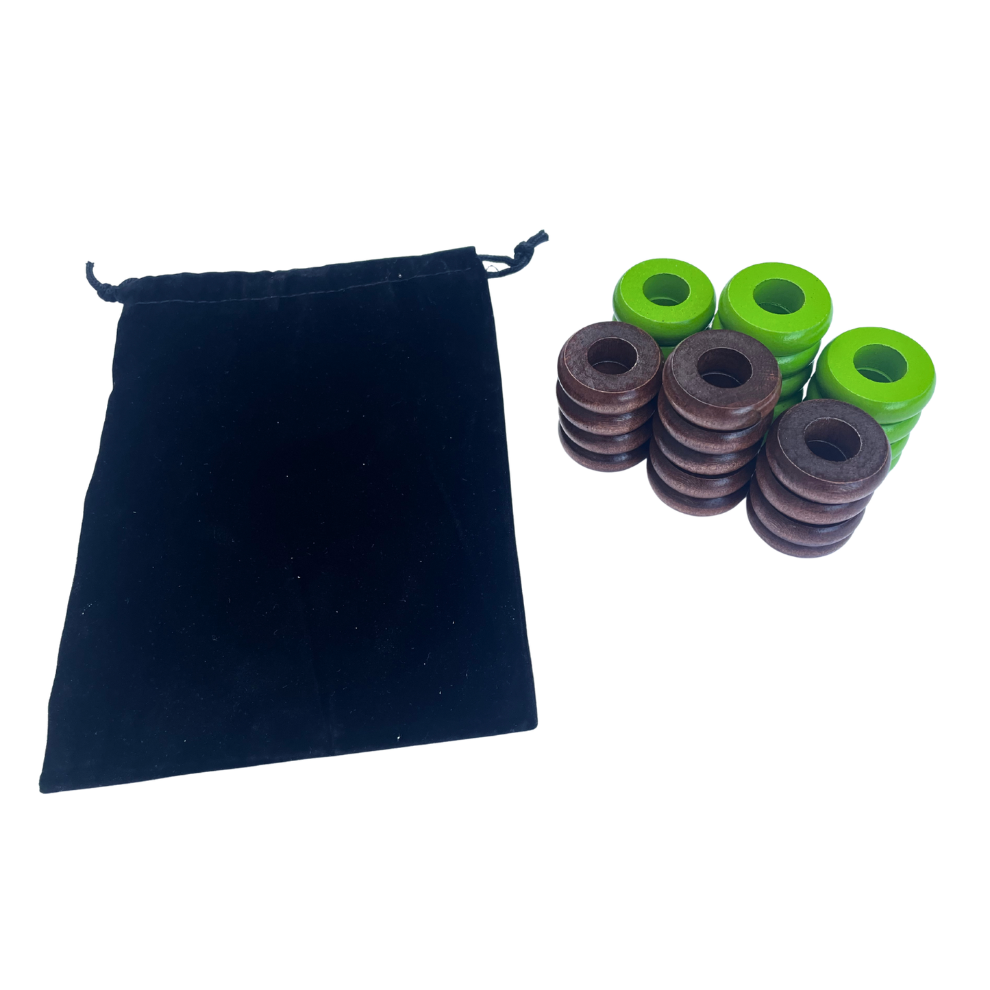 32 Lime Green and Walnut Carrom / Pichenotte Rings - (Lime Green / Walnut / Natural / Black / White) - Anneaux De Pichenottes - Game Accessories / Accessoires De Jeu