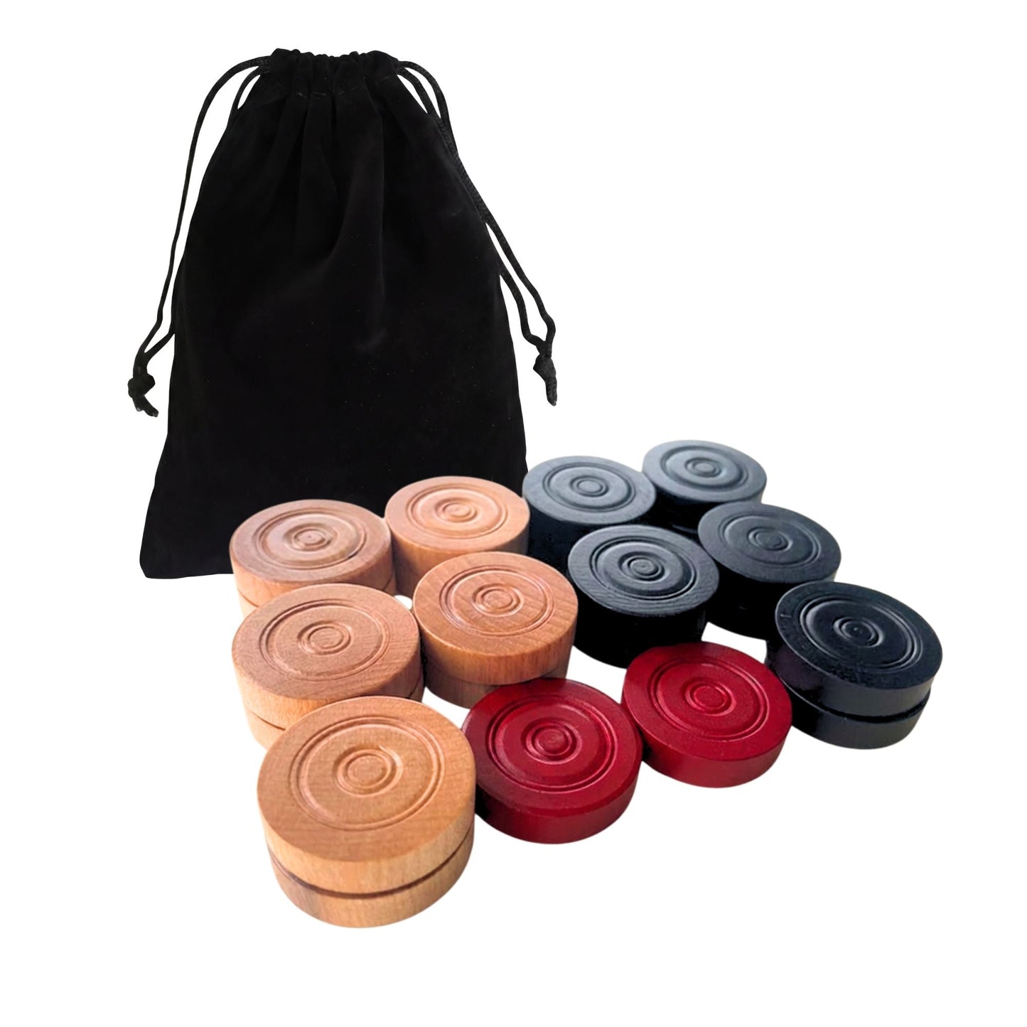 22 Traditional Carrom Board Game Men (10 Black / 10 Natural / 2 Red Queens) - Carrom Canada