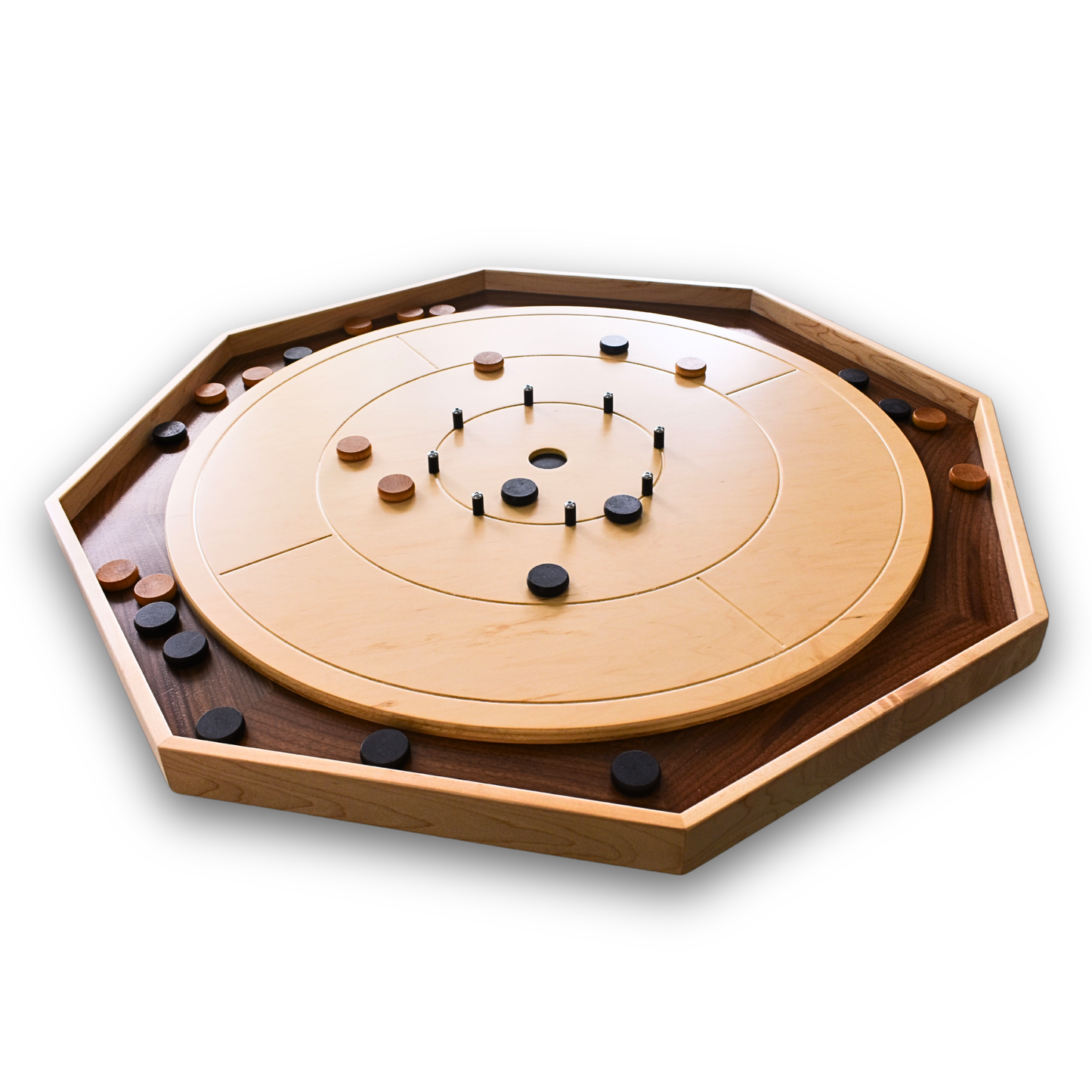 The Walnut Wonder - Ensemble de jeu de société Crokinole traditionnel - Surface en noyer plaqué et rails en noyer