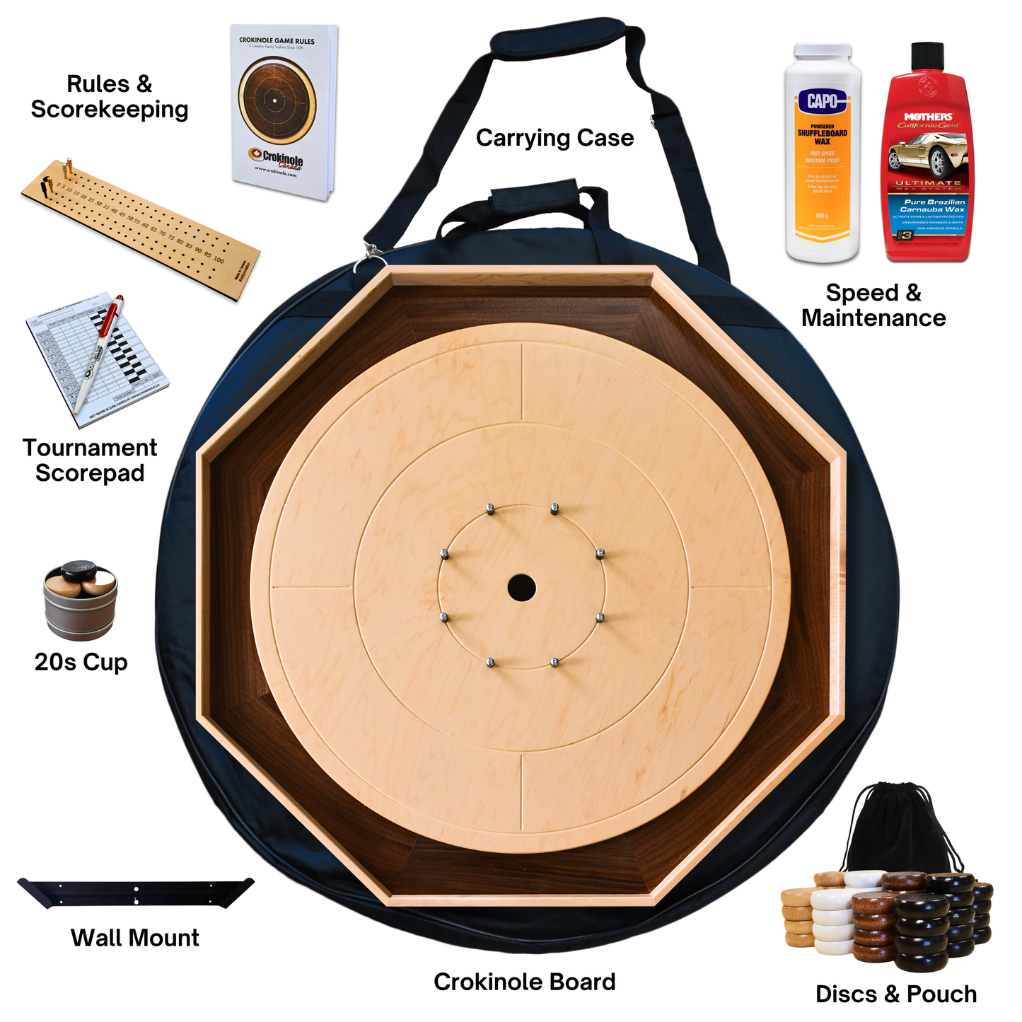 The Walnut Wonder - Ensemble de jeu de société Crokinole traditionnel - Surface en noyer plaqué et rails en noyer