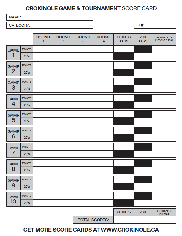 Crokinole Canada (www.crokinole.ca) 200 8.5x11" Crokinole Game & Tournament Scorecards PDF (Free!)