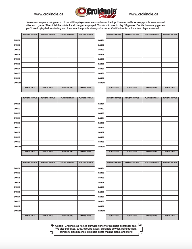 Crokinole Canada (www.crokinole.ca) 204 8.5x11" Crokinole Game Scorecards PDF (Free!)