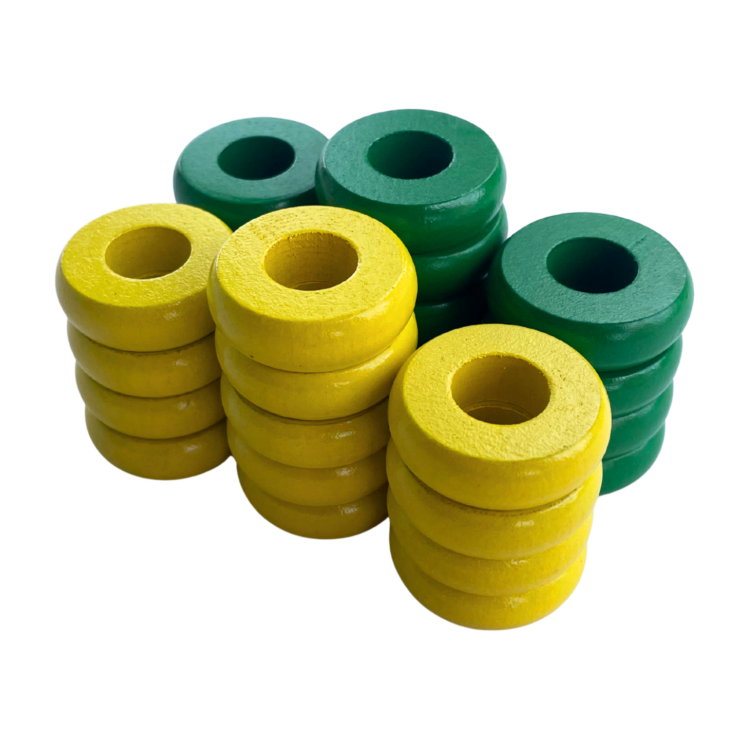32 Green and Yellow Carrom / Pichenotte / Croquignole Rings - (Green / Yellow / Natural / Black / White) - Anneaux De Pichenottes - Game Accessories / Accessoires De Jeu