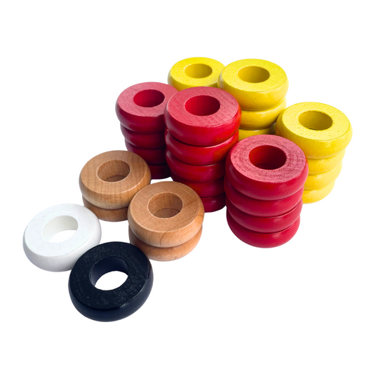 32 Red and Yellow Carrom / Pichenotte / Croquignole Rings - (Red / Yellow / Natural / Black / White) - Anneaux De Pichenottes - Game Accessories / Accessoires De Jeu