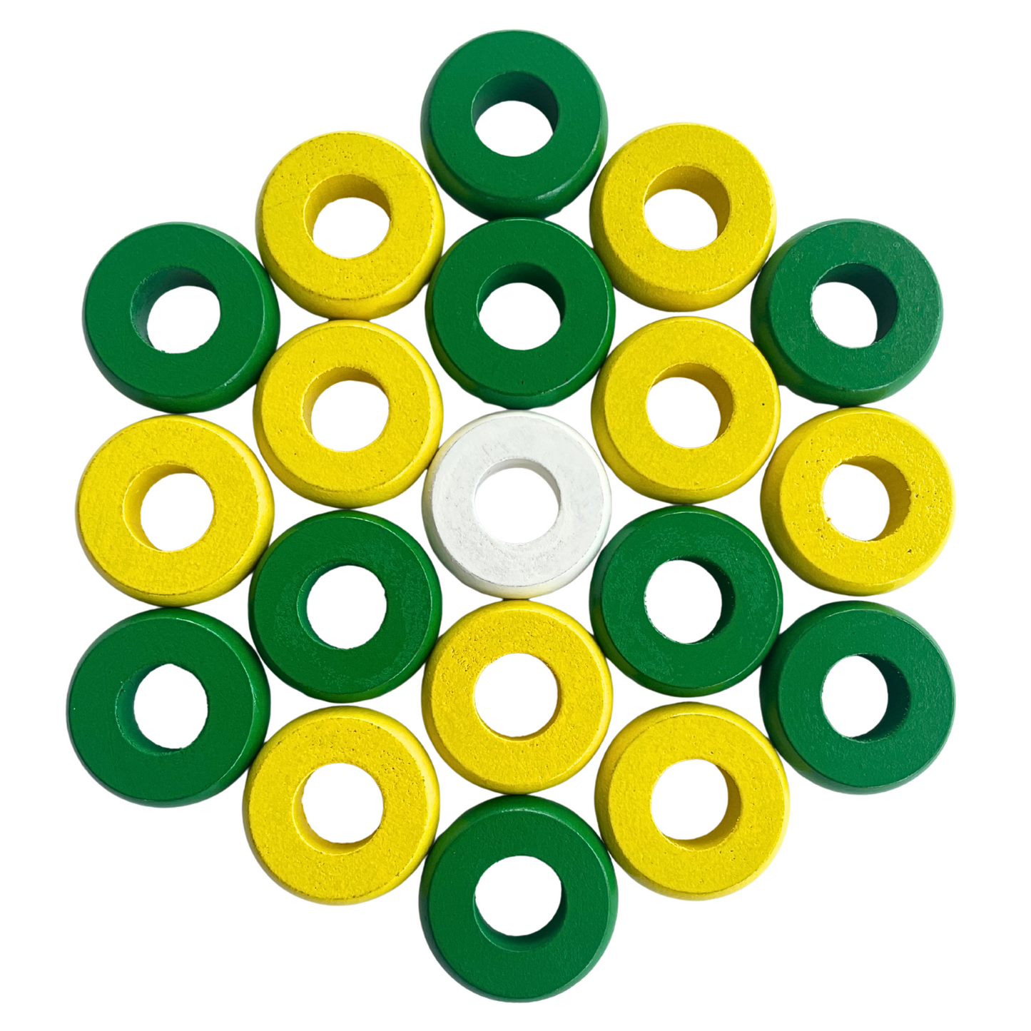 32 Green and Yellow Carrom / Pichenotte / Croquignole Rings - (Green / Yellow / Natural / Black / White) - Anneaux De Pichenottes - Game Accessories / Accessoires De Jeu