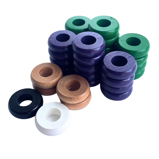 32 Green and Purple Carrom / Pichenotte Rings - (Green / Purple / Natural / Black / White) - Anneaux De Pichenottes - Game Accessories / Accessoires De Jeu