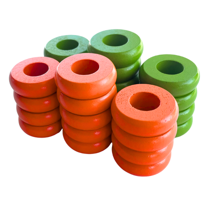 32 Orange and Lime Green Carrom / Pichenotte / Croquignole Rings - (Orange / Lime Green / Natural / Black / White) - Anneaux De Pichenottes - Game Accessories / Accessoires De Jeu