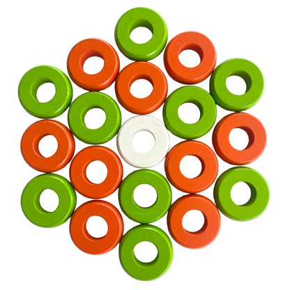 32 Orange and Lime Green Carrom / Pichenotte / Croquignole Rings - (Orange / Lime Green / Natural / Black / White) - Anneaux De Pichenottes - Game Accessories / Accessoires De Jeu