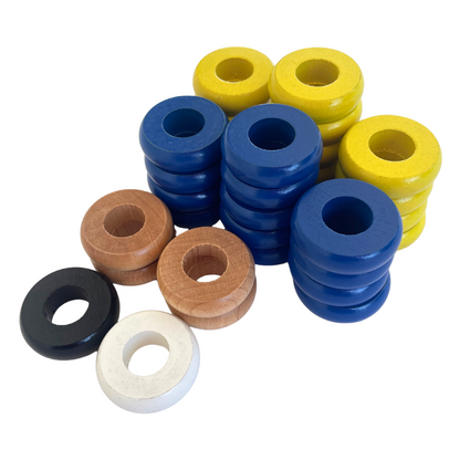32 Blue and Yellow Carrom / Pichenotte / Croquignole Rings - (Blue / Yellow / Natural / Black / White) - Anneaux De Pichenottes - Game Accessories / Accessoires De Jeu
