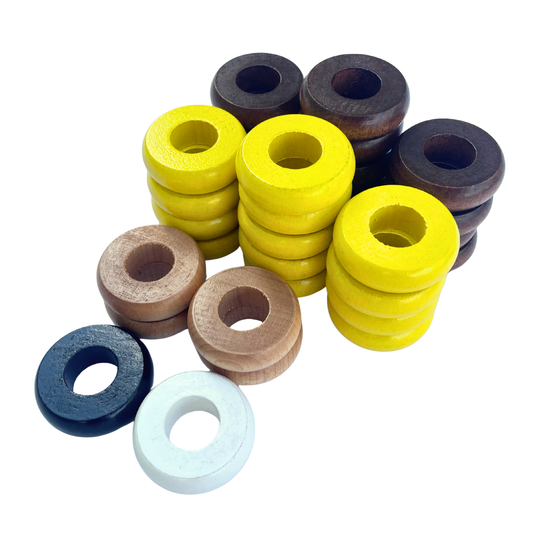 32 Yellow and Walnut Carrom / Pichenotte Rings - (Yellow / Walnut / Natural / Black / White) - Anneaux De Pichenottes - Game Accessories / Accessoires De Jeu