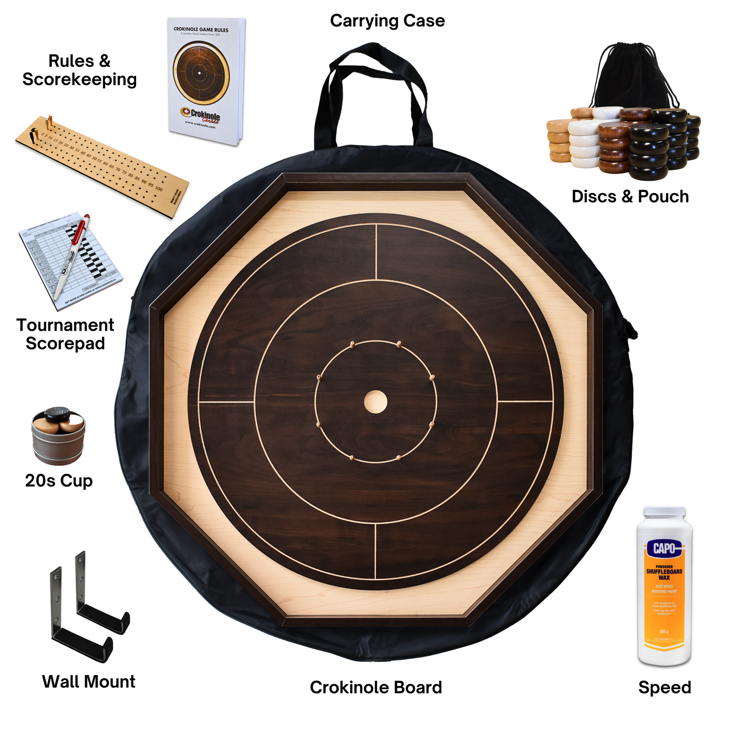 Walnut Crokinole Board for Beginners by Crokinole Canada - Traditional Crokinole Board Game Kit