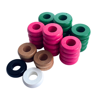 32 Green and Pink Carrom / Pichenotte / Croquignole Rings - (Green / Pink / Natural / Black / White) - Anneaux De Pichenottes - Game Accessories / Accessoires De Jeu