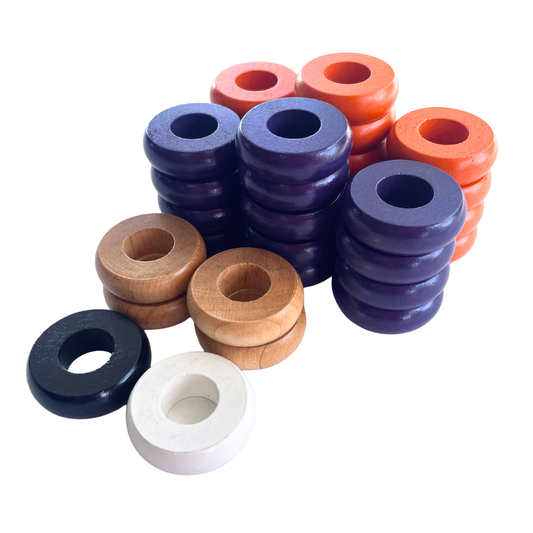 32 Orange and Purple Carrom / Pichenotte / Croquignole Rings - (Orange / Purple / Natural / Black / White) - Anneaux De Pichenottes - Game Accessories / Accessoires De Jeu