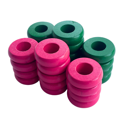 32 Green and Pink Carrom / Pichenotte / Croquignole Rings - (Green / Pink / Natural / Black / White) - Anneaux De Pichenottes - Game Accessories / Accessoires De Jeu