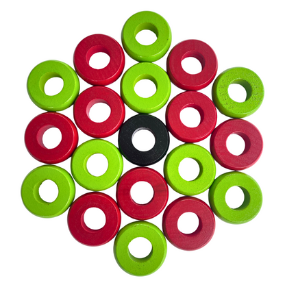 32 Red and Lime Green Carrom / Pichenotte / Croquignole Rings - (Red / Lime Green / Natural / Black / White) - Anneaux De Pichenottes - Game Accessories / Accessoires De Jeu