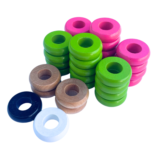 32 Pink and Lime Green Carrom / Pichenotte Rings - (Pink / Lime Green / Natural / Black / White) - Anneaux De Pichenottes - Game Accessories / Accessoires De Jeu
