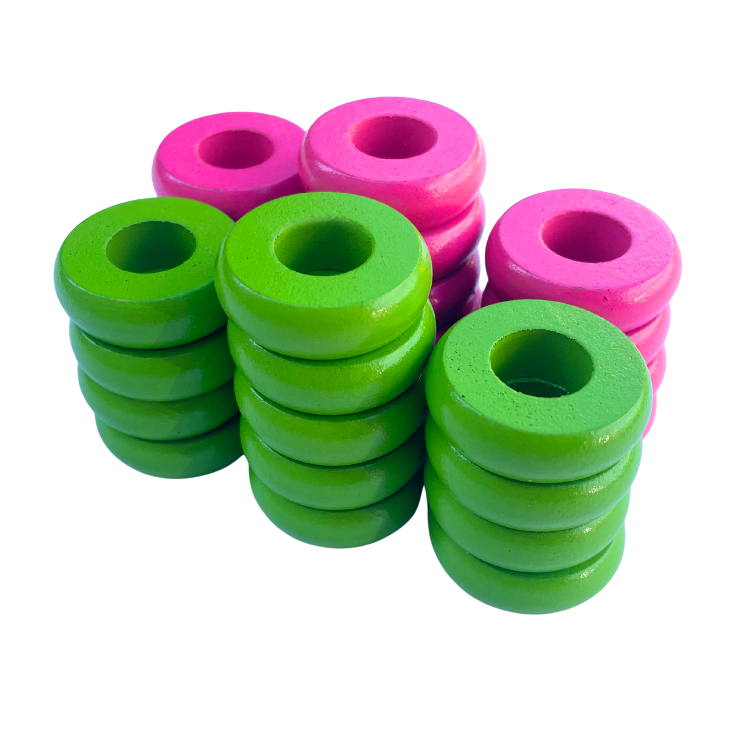 32 Pink and Lime Green Carrom / Pichenotte Rings - (Pink / Lime Green / Natural / Black / White) - Anneaux De Pichenottes - Game Accessories / Accessoires De Jeu