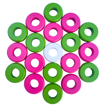 32 Pink and Lime Green Carrom / Pichenotte Rings - (Pink / Lime Green / Natural / Black / White) - Anneaux De Pichenottes - Game Accessories / Accessoires De Jeu