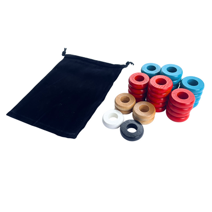 32 Red and Light Blue Carrom / Pichenotte / Croquignole Rings - (Red / Light Blue / Natural / Black / White) - Anneaux De Pichenottes - Game Accessories / Accessoires De Jeu