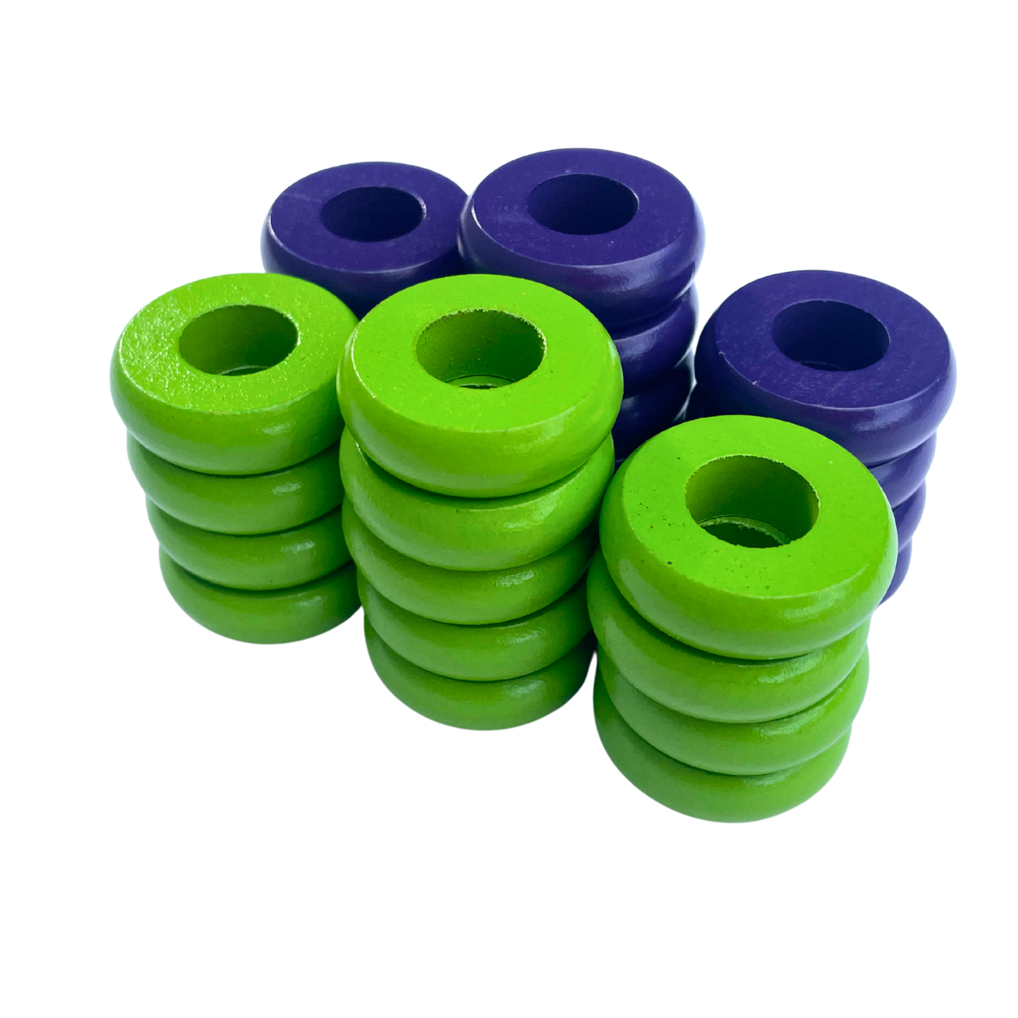 32 Purple and Lime Green Carrom / Pichenotte Rings - (Purple / Lime Green / Natural / Black / White) - Anneaux De Pichenottes - Game Accessories / Accessoires De Jeu