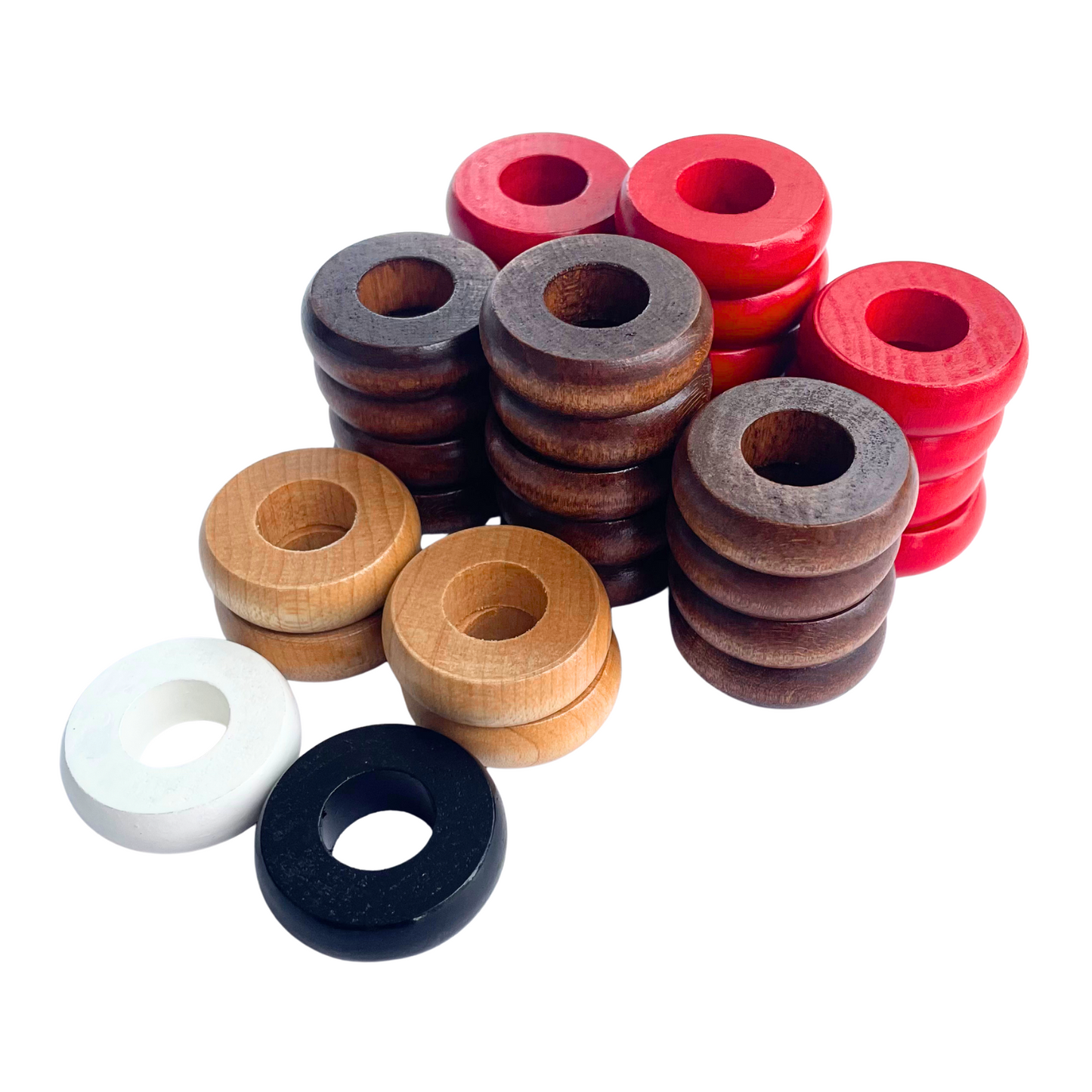 32 Red and Walnut Carrom / Pichenotte / Croquignole Rings - (Red / Walnut / Natural / Black / White) - Anneaux De Pichenottes - Game Accessories / Accessoires De Jeu