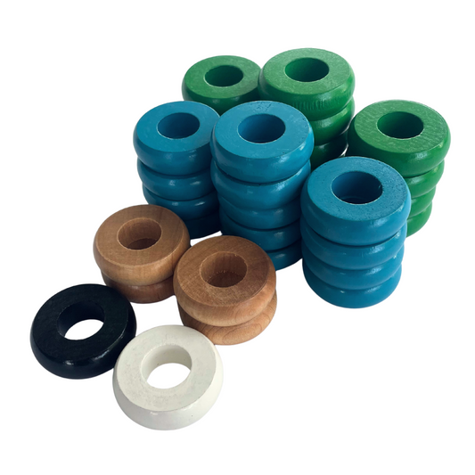 32 Green and Light Blue Carrom / Pichenotte / Croquignole Rings - (Green / Light Blue / Natural / Black / White) - Anneaux De Pichenottes - Game Accessories / Accessoires De Jeu
