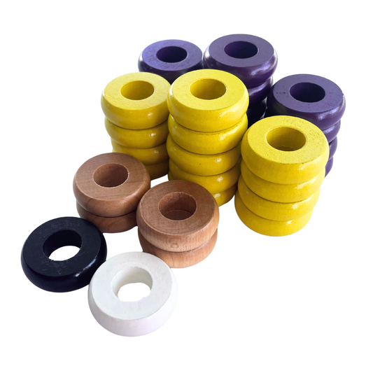 32 Yellow and Purple Carrom / Pichenotte / Croquignole Rings - (Yellow / Purple / Natural / Black / White) - Anneaux De Pichenottes - Game Accessories / Accessoires De Jeu