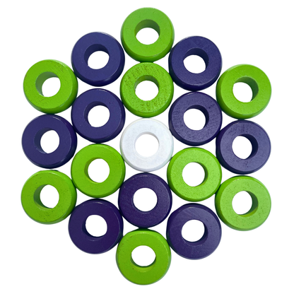 32 Purple and Lime Green Carrom / Pichenotte Rings - (Purple / Lime Green / Natural / Black / White) - Anneaux De Pichenottes - Game Accessories / Accessoires De Jeu