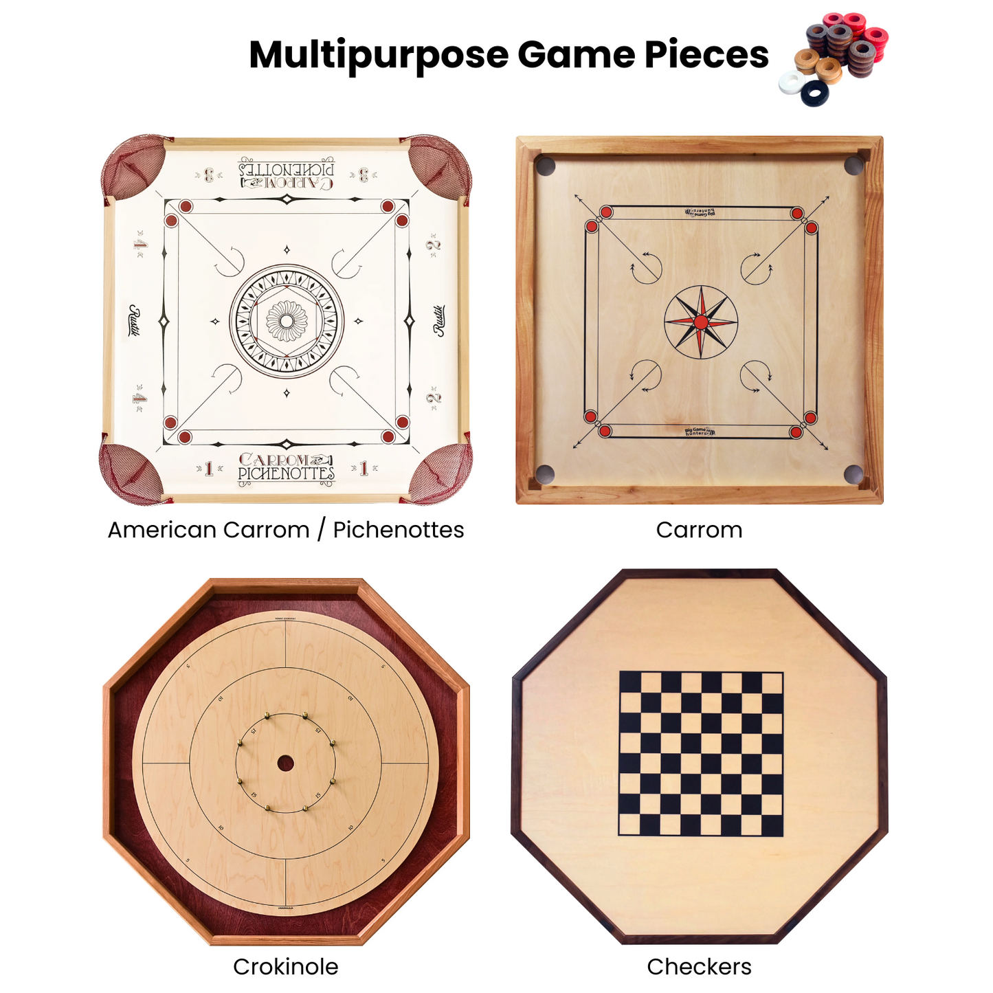 32 Red and Walnut Carrom / Pichenotte / Croquignole Rings - (Red / Walnut / Natural / Black / White) - Anneaux De Pichenottes - Game Accessories / Accessoires De Jeu