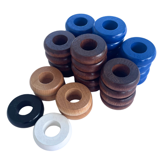 32 Blue and Walnut Carrom / Pichenotte / Croquignole Rings - (Blue / Walnut / Natural / Black / White) - Anneaux De Pichenottes - Game Accessories / Accessoires De Jeu