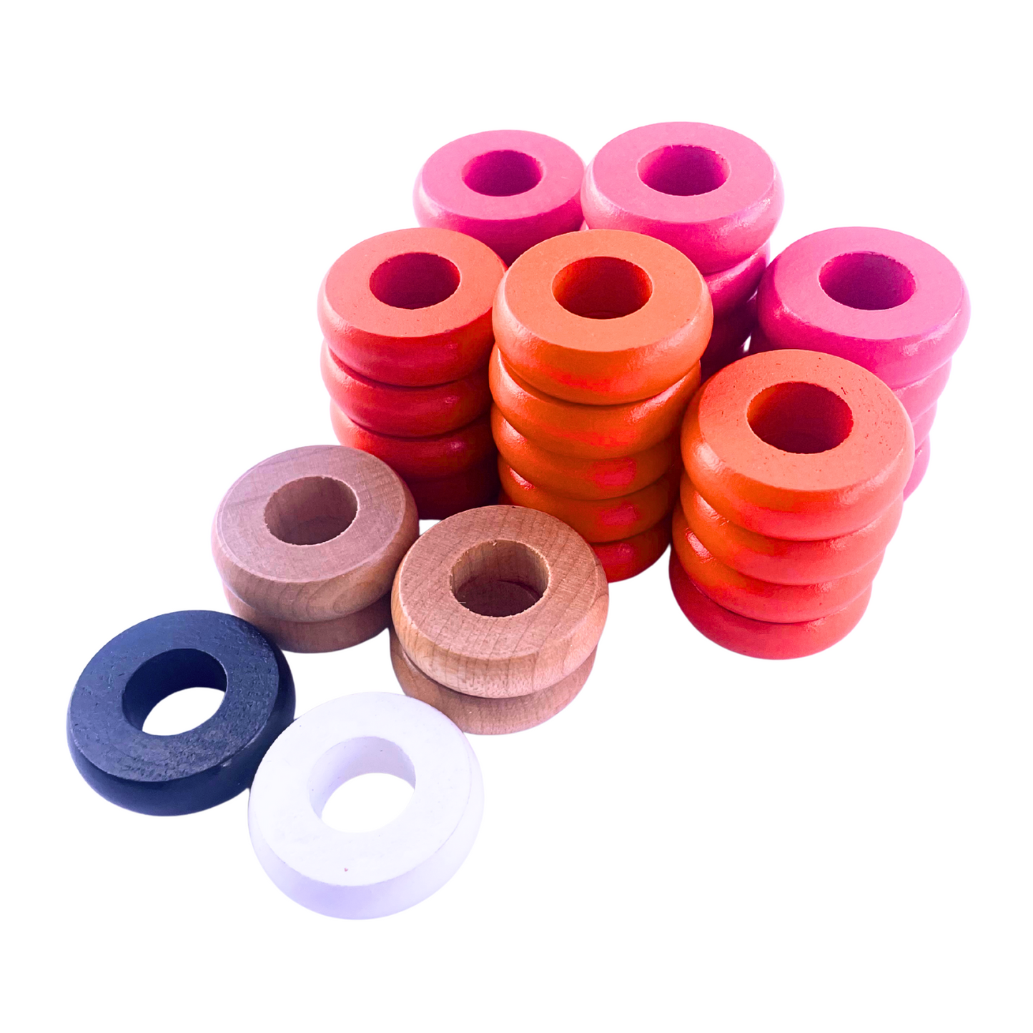 32 Orange and Pink Carrom / Pichenotte / Croquignole Rings - (Orange / Pink / Natural / Black / White) - Anneaux De Pichenottes - Game Accessories / Accessoires De Jeu