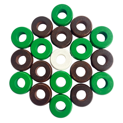 32 Green and Walnut Carrom / Pichenotte / Croquignole Rings - (Green / Walnut / Natural / Black / White) - Anneaux De Pichenottes - Game Accessories / Accessoires De Jeu