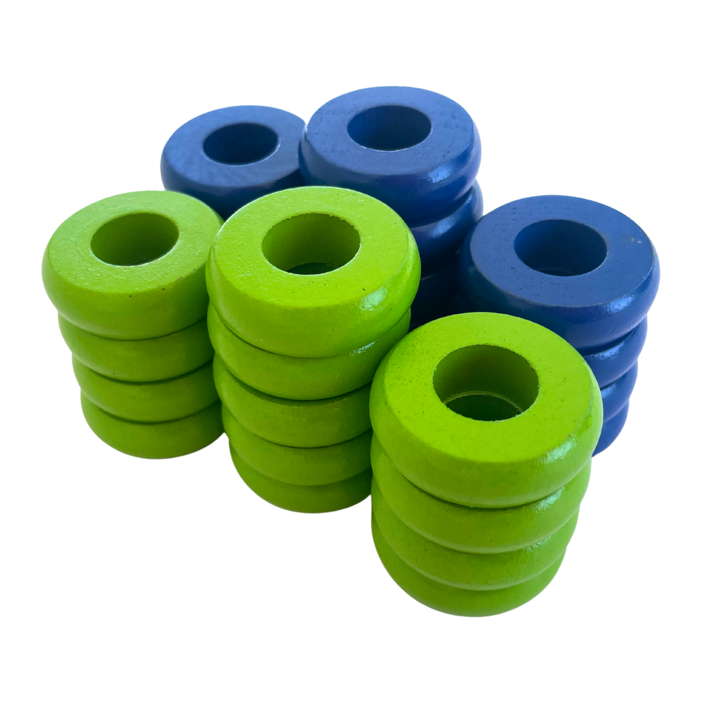 32 Blue and Lime Green Carrom / Pichenotte / Croquignole Rings - (Blue / Lime Green / Natural / Black / White) - Anneaux De Pichenottes - Game Accessories / Accessoires De Jeu