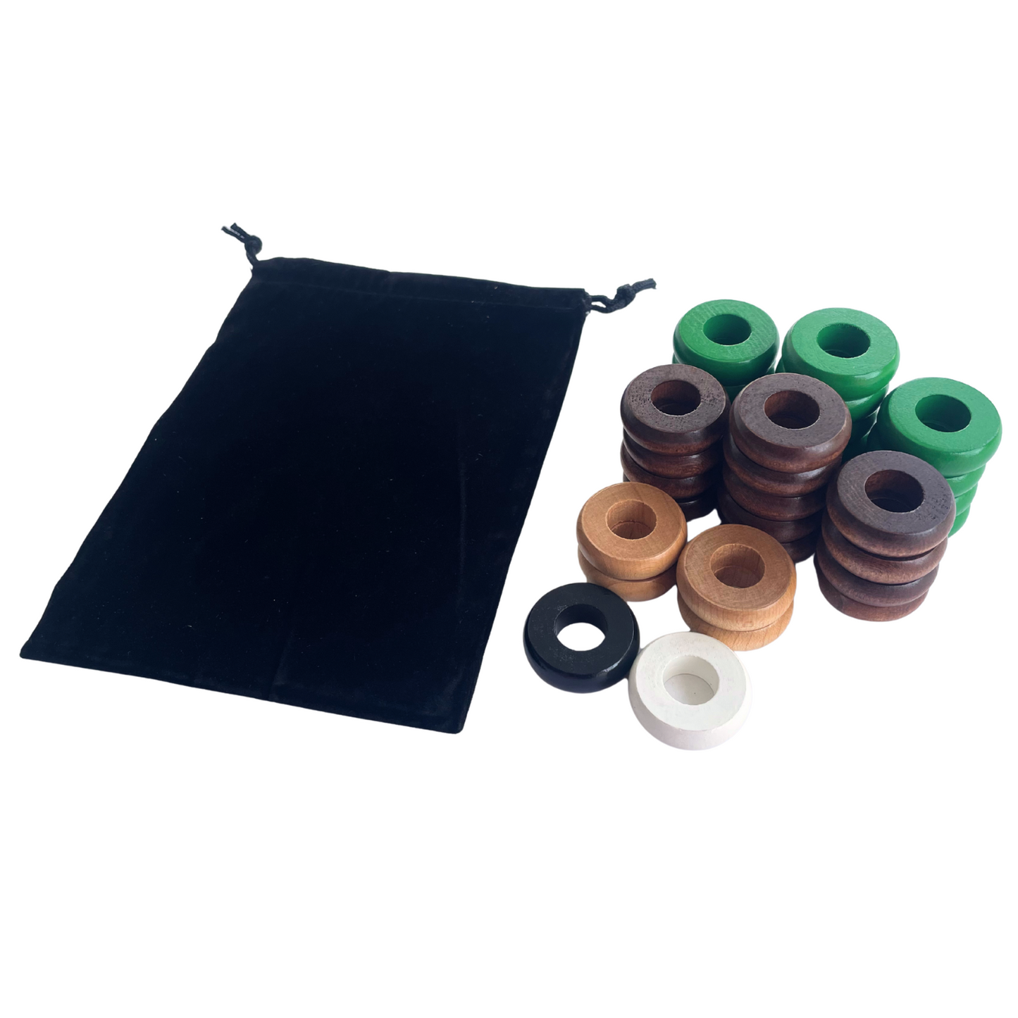 32 Green and Walnut Carrom / Pichenotte / Croquignole Rings - (Green / Walnut / Natural / Black / White) - Anneaux De Pichenottes - Game Accessories / Accessoires De Jeu