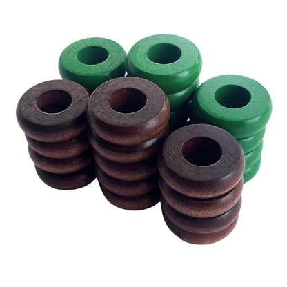 32 Green and Walnut Carrom / Pichenotte / Croquignole Rings - (Green / Walnut / Natural / Black / White) - Anneaux De Pichenottes - Game Accessories / Accessoires De Jeu