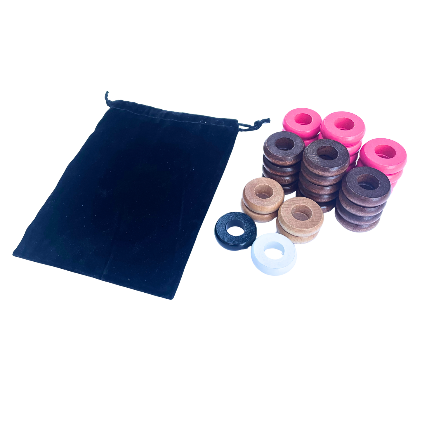 32 Pink and Walnut Carrom / Pichenotte Rings - (Pink / Walnut / Natural / Black / White) - Anneaux De Pichenottes - Game Accessories / Accessoires De Jeu