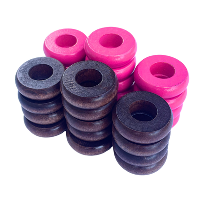 32 Pink and Walnut Carrom / Pichenotte Rings - (Pink / Walnut / Natural / Black / White) - Anneaux De Pichenottes - Game Accessories / Accessoires De Jeu