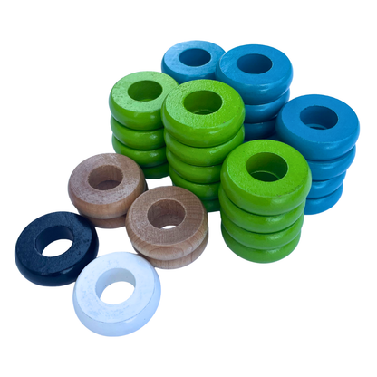 32 Lime Green and Light Blue Carrom / Pichenotte Rings - (Lime Green / Light Blue / Natural / Black / White) - Anneaux De Pichenottes - Game Accessories / Accessoires De Jeu