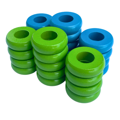 32 Lime Green and Light Blue Carrom / Pichenotte Rings - (Lime Green / Light Blue / Natural / Black / White) - Anneaux De Pichenottes - Game Accessories / Accessoires De Jeu