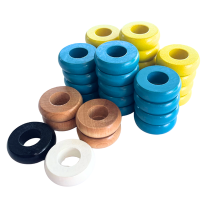 32 Yellow and Light Blue Carrom / Pichenotte Rings - (Yellow / Light Blue / Natural / Black / White) - Anneaux De Pichenottes - Game Accessories / Accessoires De Jeu
