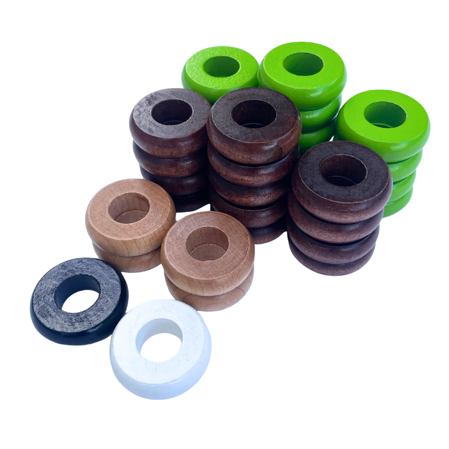 32 Lime Green and Walnut Carrom / Pichenotte Rings - (Lime Green / Walnut / Natural / Black / White) - Anneaux De Pichenottes - Game Accessories / Accessoires De Jeu