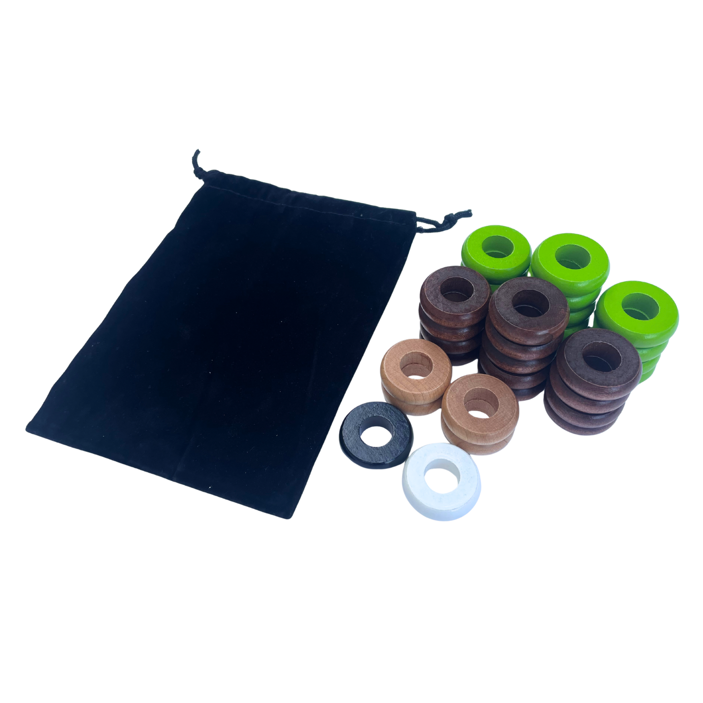 32 Lime Green and Walnut Carrom / Pichenotte Rings - (Lime Green / Walnut / Natural / Black / White) - Anneaux De Pichenottes - Game Accessories / Accessoires De Jeu
