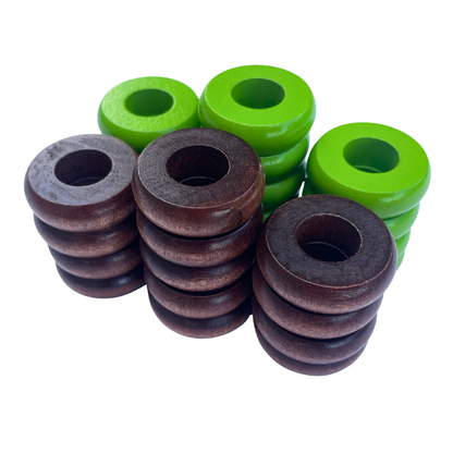 32 Lime Green and Walnut Carrom / Pichenotte Rings - (Lime Green / Walnut / Natural / Black / White) - Anneaux De Pichenottes - Game Accessories / Accessoires De Jeu