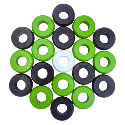 32 Lime Green and Walnut Carrom / Pichenotte Rings - (Lime Green / Walnut / Natural / Black / White) - Anneaux De Pichenottes - Game Accessories / Accessoires De Jeu