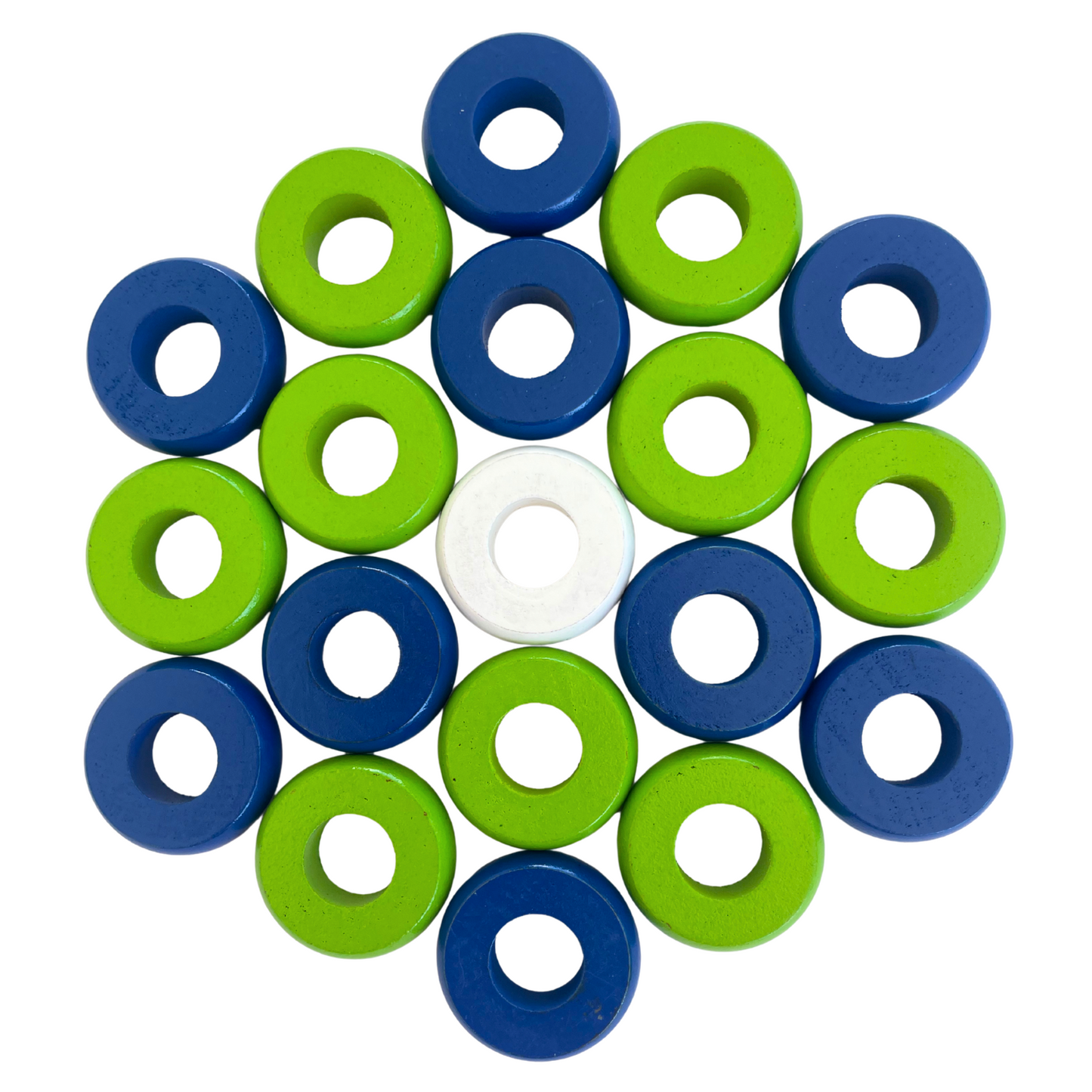 32 Blue and Lime Green Carrom / Pichenotte / Croquignole Rings - (Blue / Lime Green / Natural / Black / White) - Anneaux De Pichenottes - Game Accessories / Accessoires De Jeu