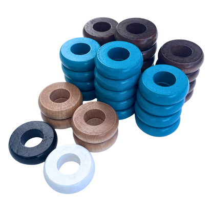 32 Light Blue and Walnut Carrom / Pichenotte / Croquignole Rings - (Light Blue / Walnut / Natural / Black / White) - Anneaux De Pichenottes - Game Accessories / Accessoires De Jeu