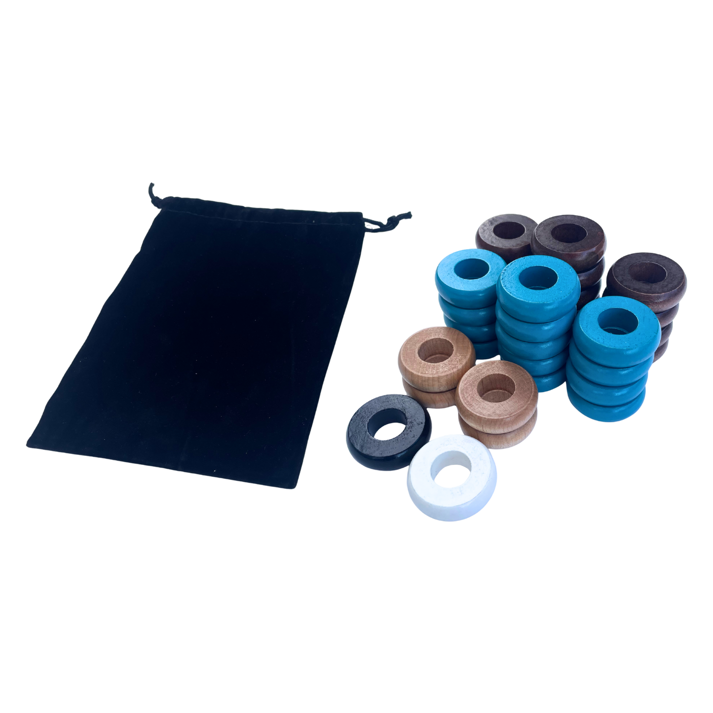 32 Light Blue and Walnut Carrom / Pichenotte / Croquignole Rings - (Light Blue / Walnut / Natural / Black / White) - Anneaux De Pichenottes - Game Accessories / Accessoires De Jeu