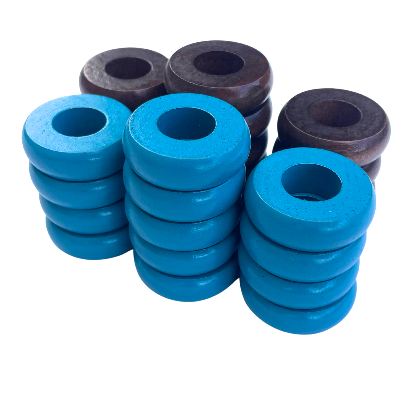 32 Light Blue and Walnut Carrom / Pichenotte / Croquignole Rings - (Light Blue / Walnut / Natural / Black / White) - Anneaux De Pichenottes - Game Accessories / Accessoires De Jeu